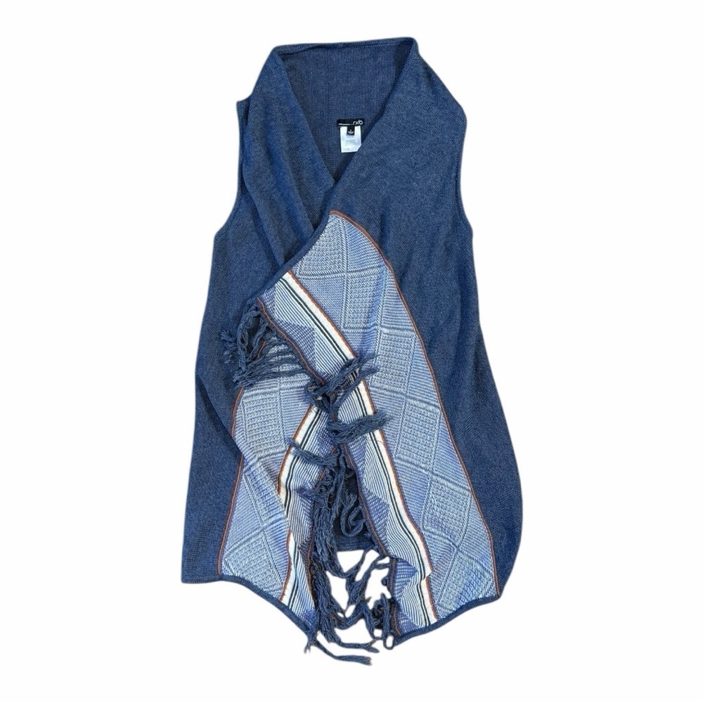 Y2K Boho Indie Fringe Open Front Vest Blue Gray Layering Indie Festival Small - Picture 3 of 7